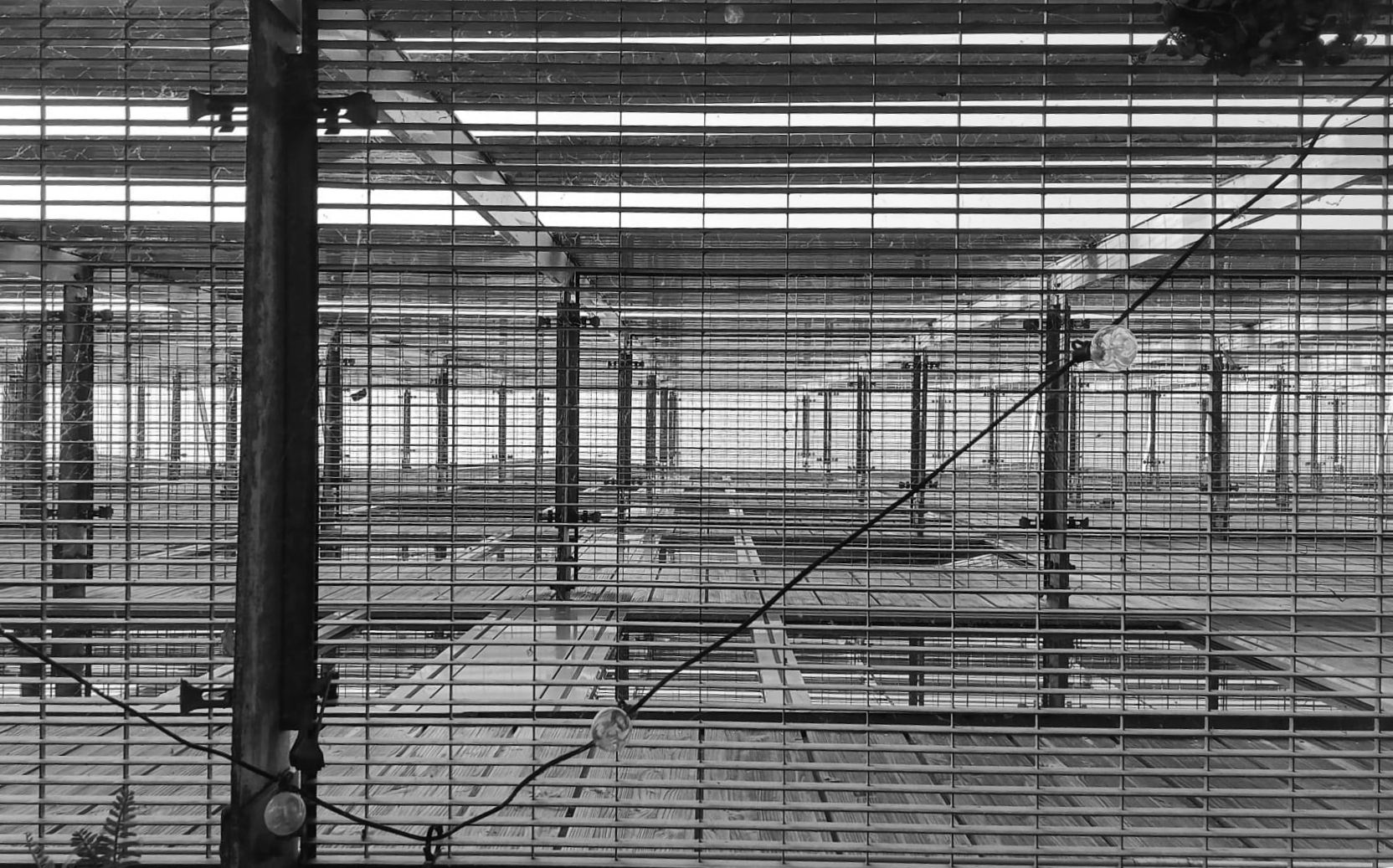 A black and white picture of what could look like a big empty open space with only some pillars. (it's in fact the emergency staircase between two building)